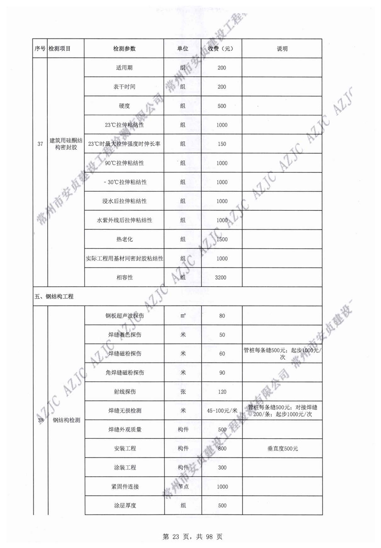 常州市安貞建設工程檢測有限公司工程質量檢測和建筑材料試驗收費價目表