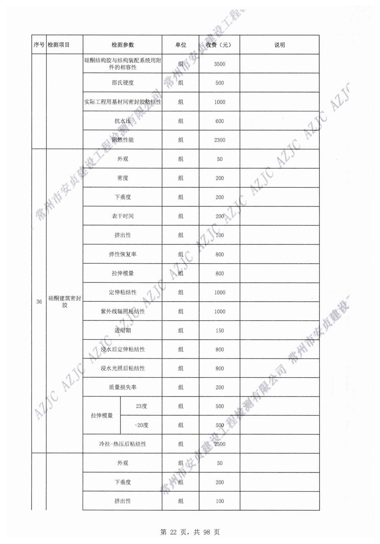 常州市安貞建設工程檢測有限公司工程質量檢測和建筑材料試驗收費價目表