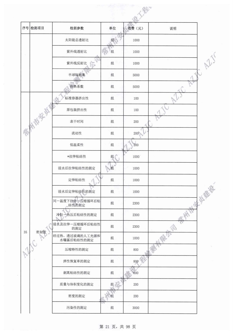 常州市安貞建設工程檢測有限公司工程質量檢測和建筑材料試驗收費價目表