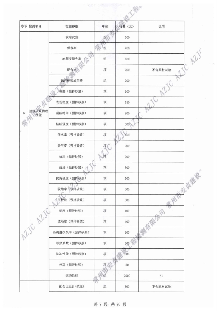 常州市安貞建設工程檢測有限公司工程質量檢測和建筑材料試驗收費價目表